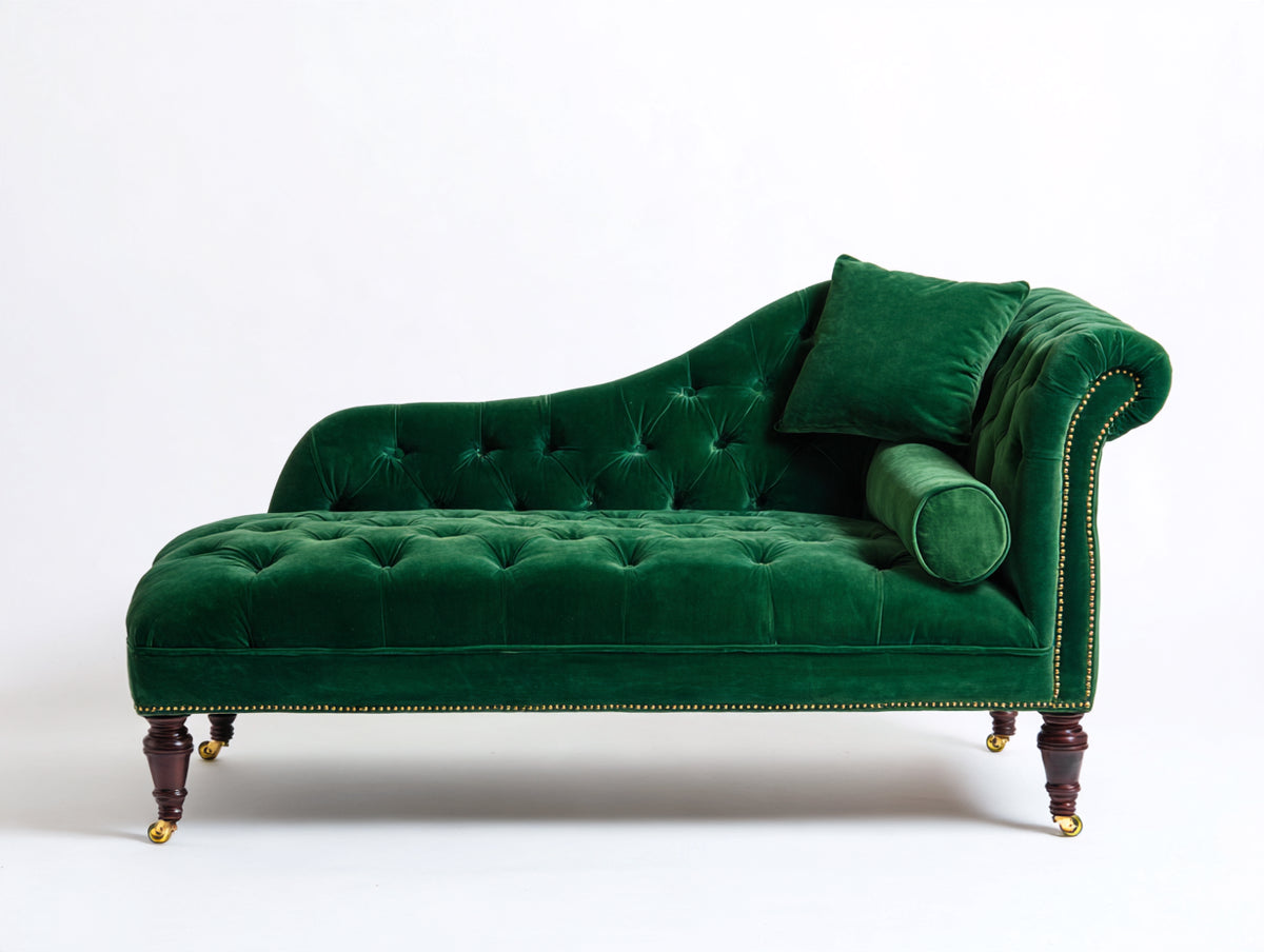 Chaise longue tapizada 180x75x90 cm - verde-marrón - asiento capitoné y respaldo curvo - diseño clásico elegante