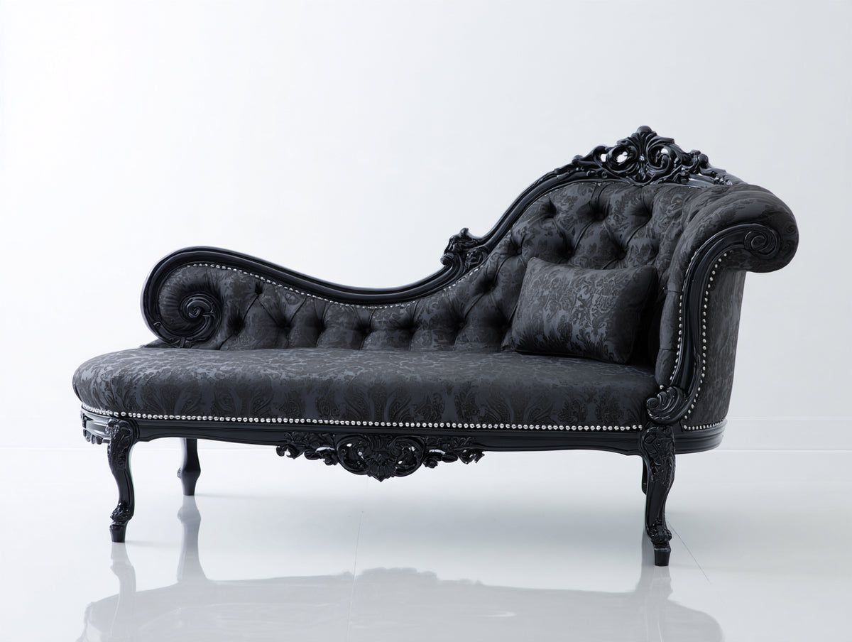 Chaise longue tapizada de terciopelo 180 x 75 x 100 cm - negro - diseño clásico capitoné con estructura tallada
