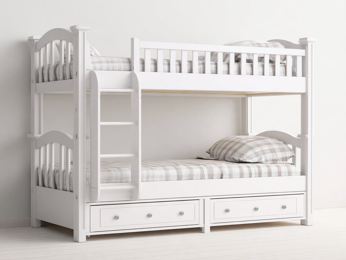 Litera de madera 200x100x180 cm - Blanco - Con escalera y 2 cajones para dormitorio infantil