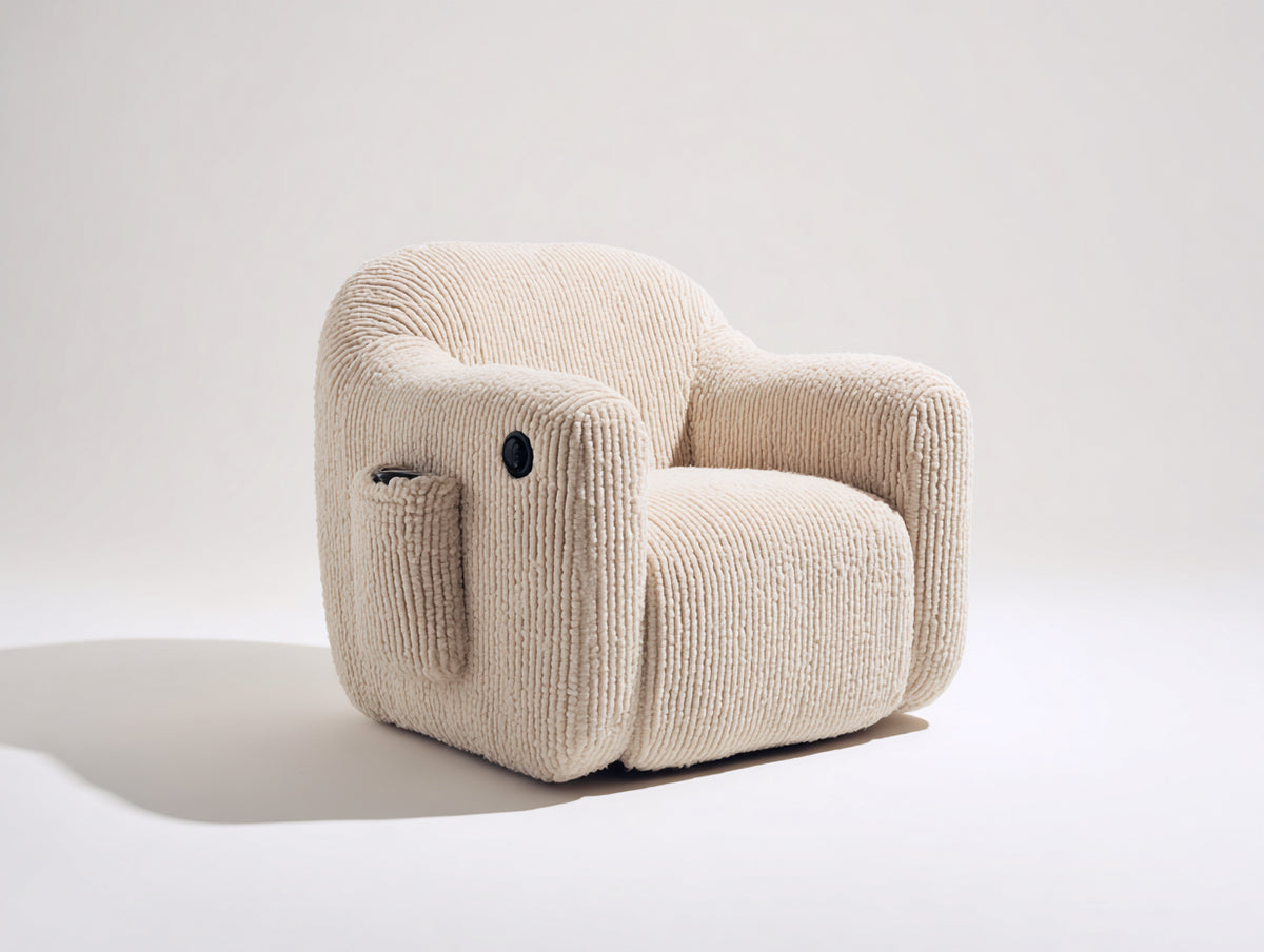 Sillón reclinable de tejido bouclé 90 x 88 x 98 cm - beige - respaldo envolvente con mando lateral y bolsillo