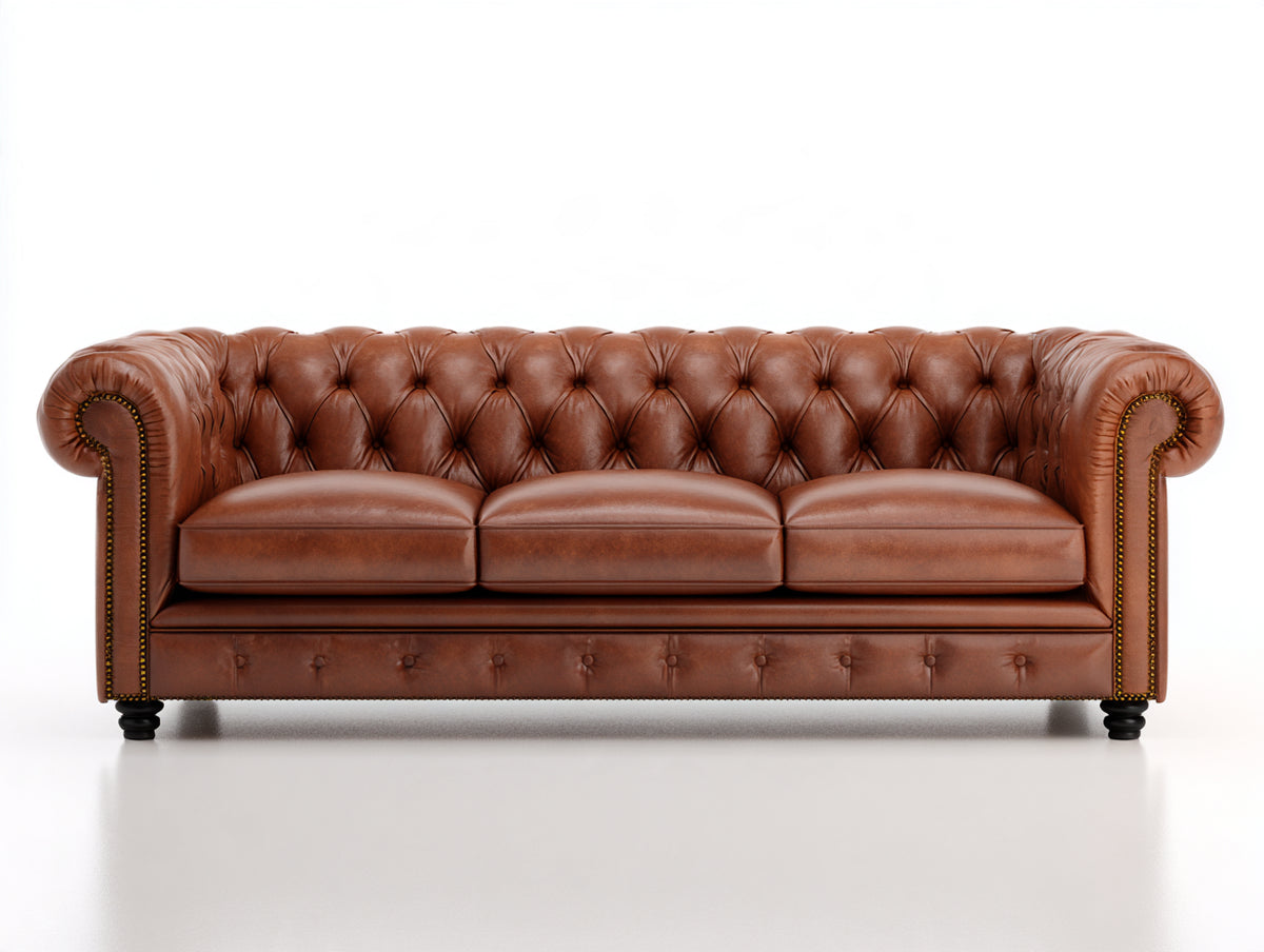 Sofá 3 plazas de cuero 220 x 90 x 78 cm - marrón - diseño Chesterfield con respaldo capitoné