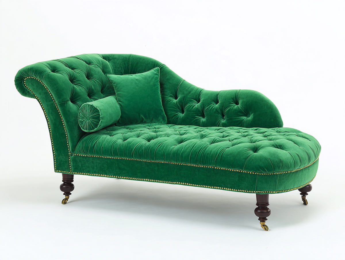 Chaise longue de terciopelo 195x90x92 cm - Verde - Capitoné clásico con tachuelas decorativas para salón
