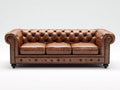 Sofá 3 plazas de cuero 220 x 90 x 78 cm - marrón envejecido - capitoné clásico con brazos enrollados
