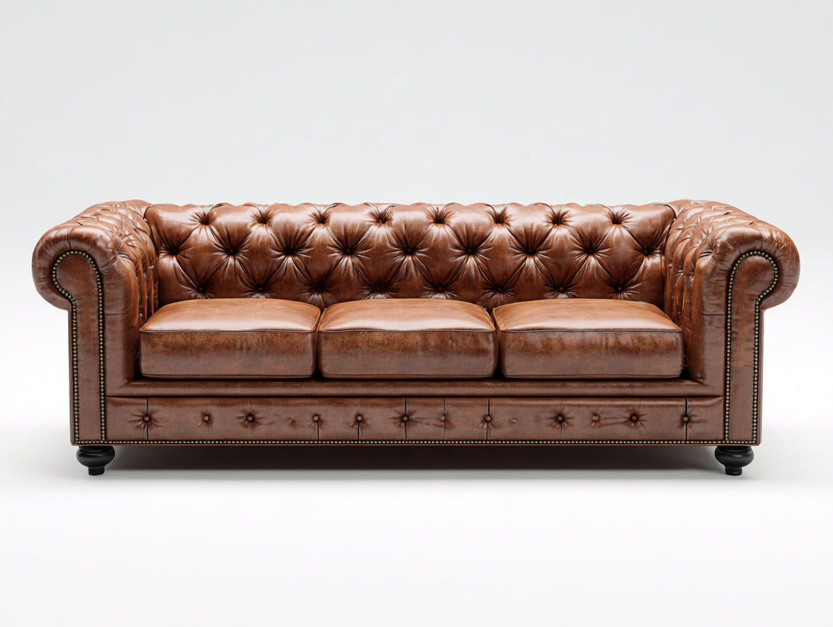Sofá 3 plazas de cuero 220 x 90 x 78 cm - marrón envejecido - capitoné clásico con brazos enrollados