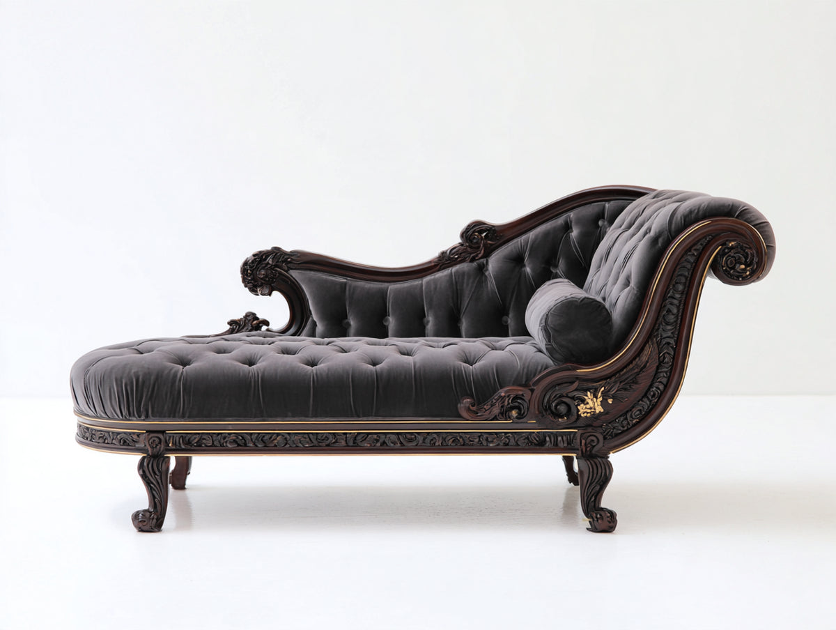 Chaise longue de terciopelo 185 x 75 x 100 cm - gris oscuro - capitoné con estructura tallada