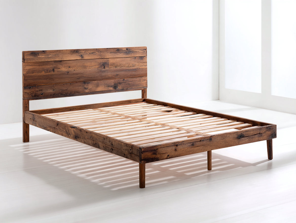 Cama doble de madera 205 x 160 x 110 cm - marrón rústico - cabecero de tablas y somier de láminas