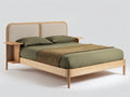 Cama doble de madera 210 x 180 x 110 cm - roble natural y beige - cabecero tapizado con estantes laterales
