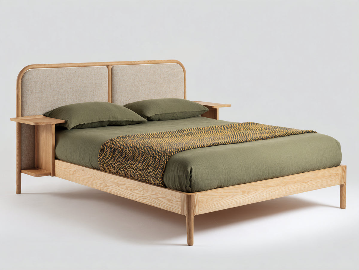 Cama doble de madera 210 x 180 x 110 cm - roble natural y beige - cabecero tapizado con estantes laterales