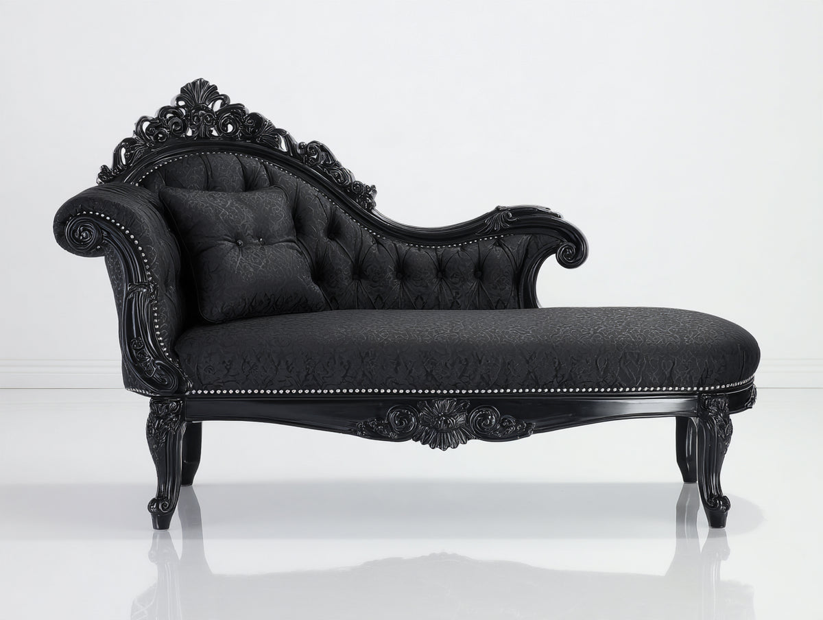 Chaise longue tapizada 190 x 75 x 105 cm - negro - diseño clásico con capitoné y estructura ornamentada