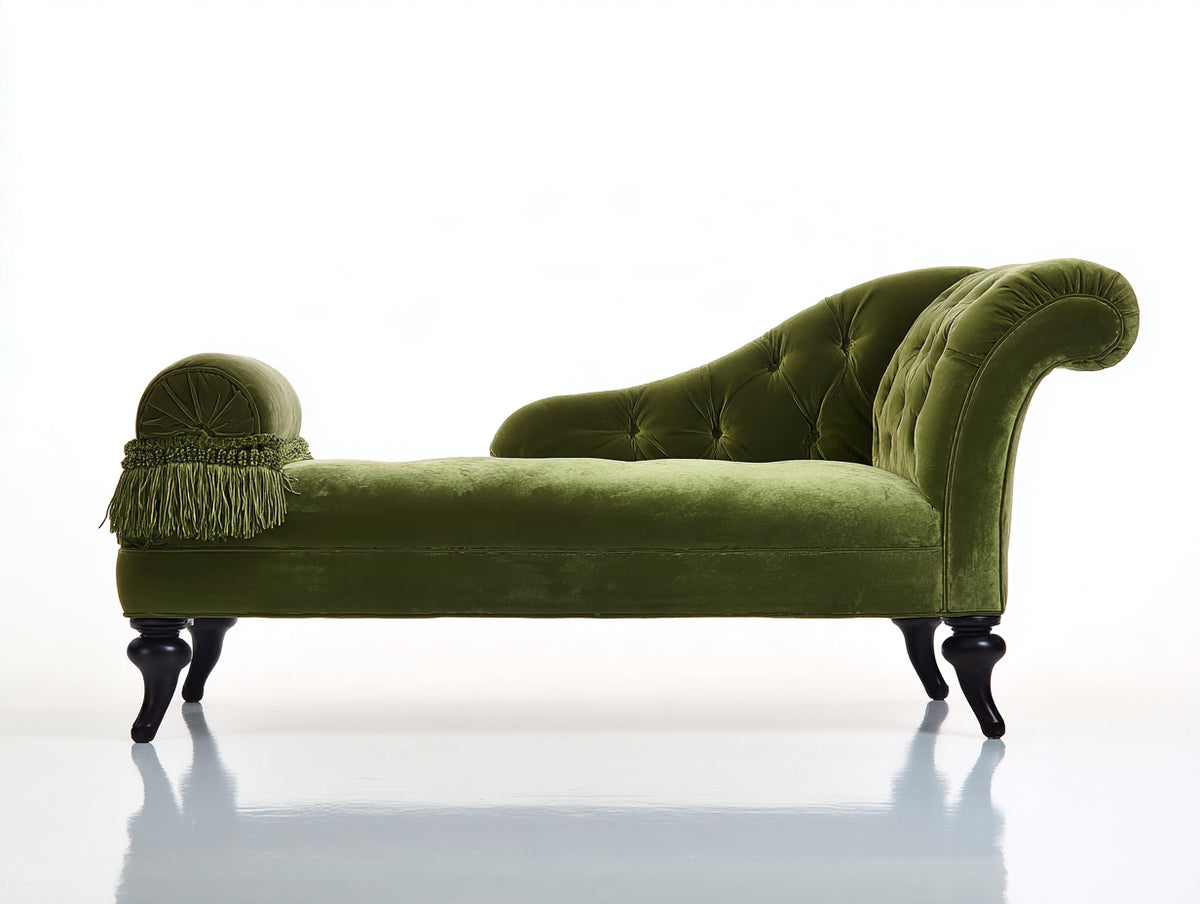 Chaise longue de terciopelo 185 x 75 x 88 cm - verde oliva y negro - capitoné clásico