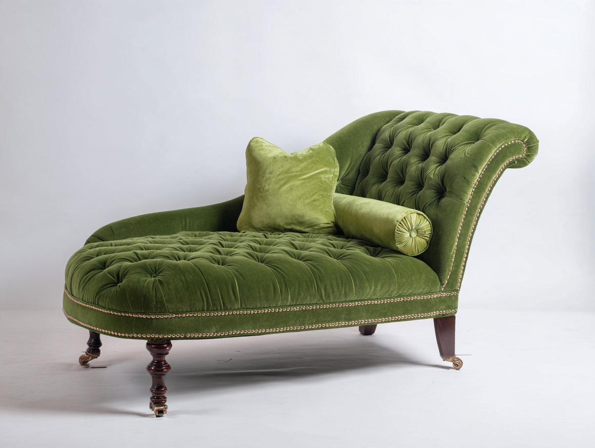 Chaise longue de terciopelo 175 x 85 x 95 cm - verde oliva - capitoné clásico con tachuelas decorativas