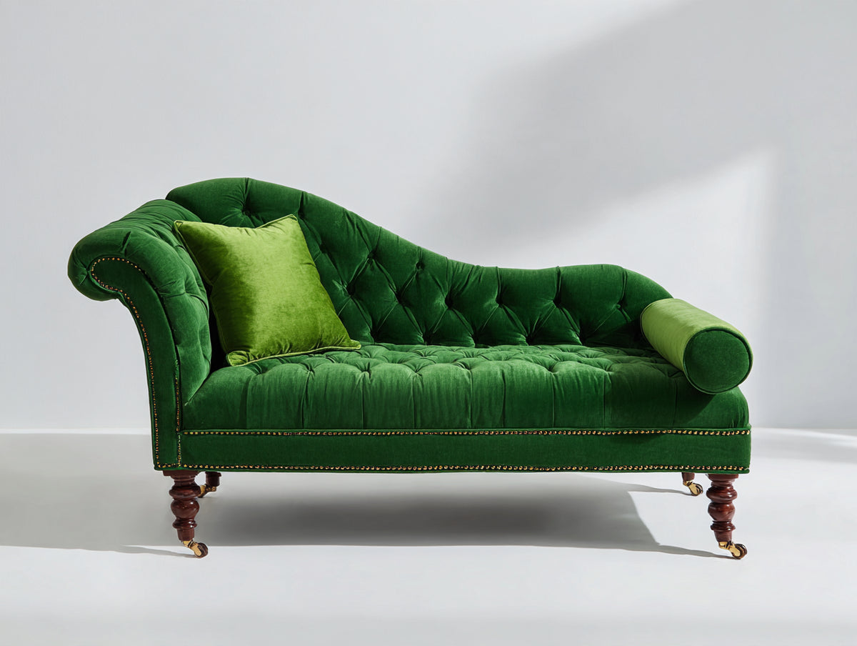 Chaise longue de terciopelo 205x90x92 cm - Verde oscuro - Capitoné clásico con tachuelas para salón