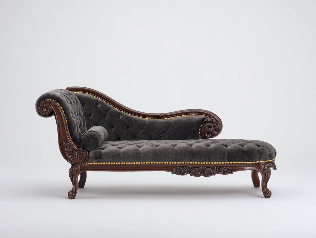 Chaise longue de terciopelo 190 x 75 x 95 cm - gris oscuro y madera oscura - diseño clásico capitoné con estructura tallada