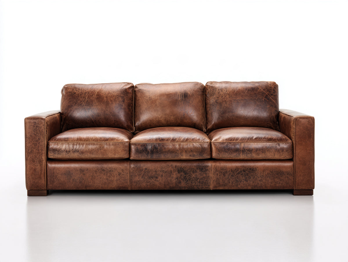 Sofá 3 plazas de cuero 215 x 90 x 85 cm - marrón cognac - diseño clásico con asiento acolchado