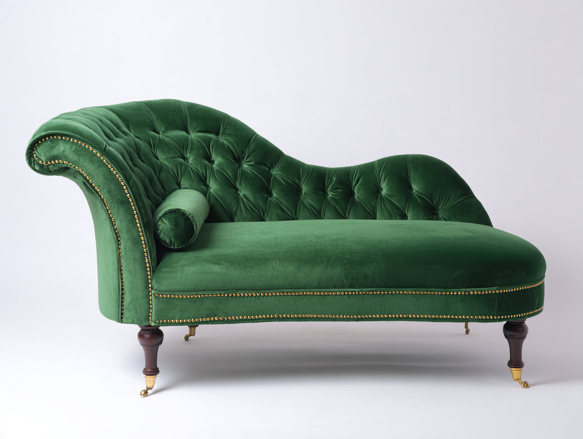 Chaise longue tapizada 180x80x95 cm - verde-marrón - respaldo capitoné curvo - diseño clásico elegante