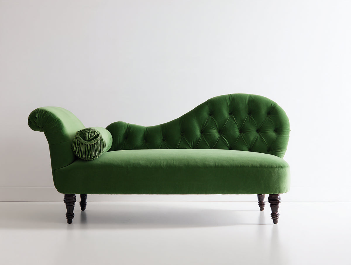 Chaise longue de terciopelo 180 x 75 x 95 cm - verde y madera oscura - diseño clásico capitoné con respaldo curvo