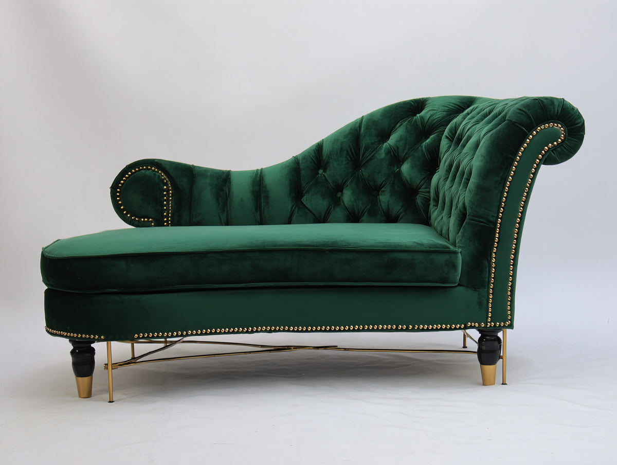 Chaise longue tapizada 180x78x95 cm - verde-negro - respaldo capitoné curvo - diseño clásico elegante