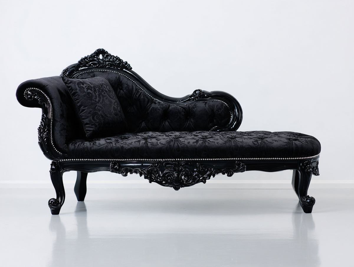 Chaise longue tapizada 185x75x90 cm - negro - estructura de madera tallada - diseño clásico ornamentado