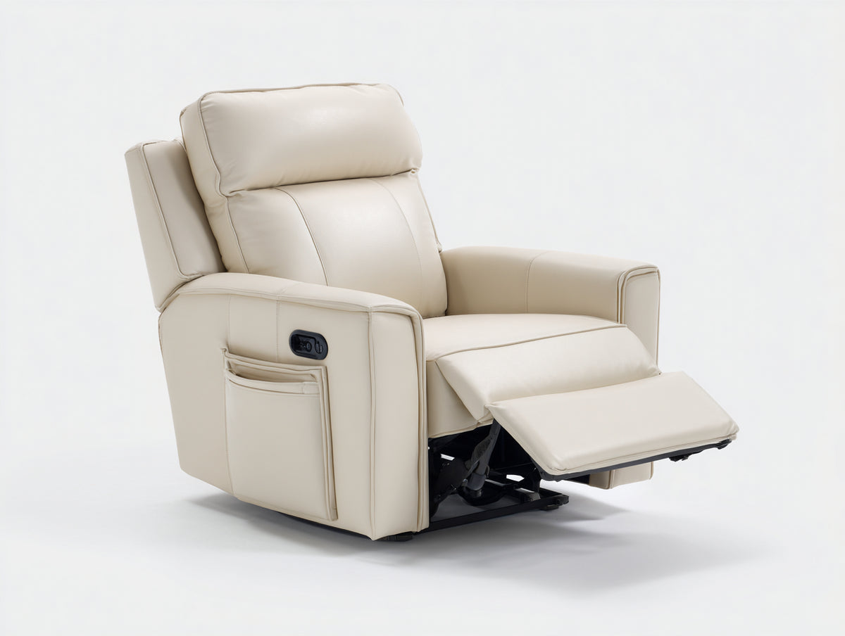 Sillón reclinable tapizado efecto cuero 90x95x105 cm - Beige crema - Reposapiés extensible y control lateral para salón
