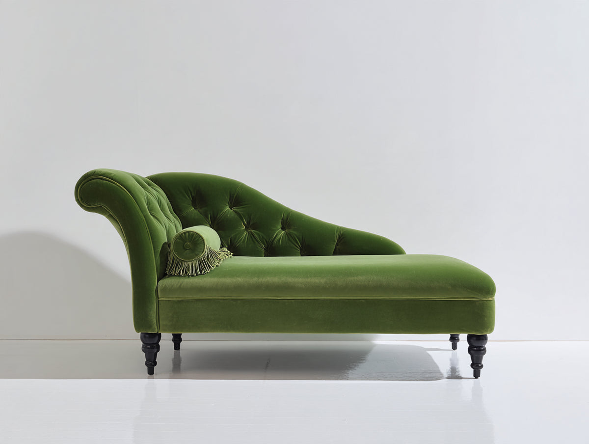 Chaise longue de terciopelo 180 x 75 x 95 cm - verde oliva - respaldo capitoné y patas de madera