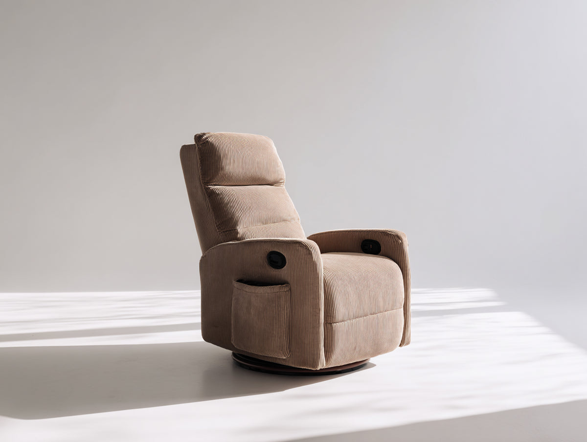 Sillón reclinable de pana 95 x 90 x 105 cm - marrón claro - diseño giratorio con respaldo acolchado