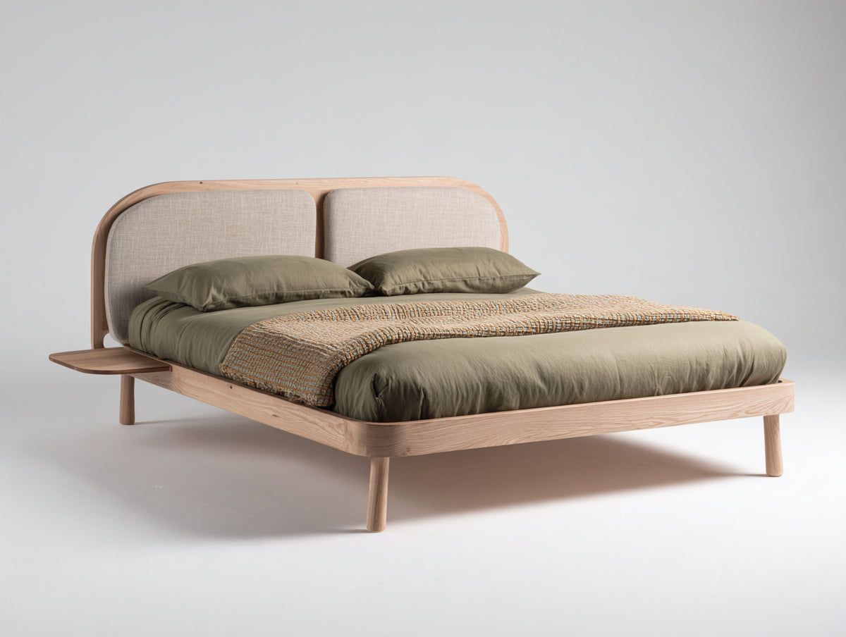 Cama doble de madera 215 x 168 x 100 cm - madera natural y beige - cabecero tapizado con diseño moderno