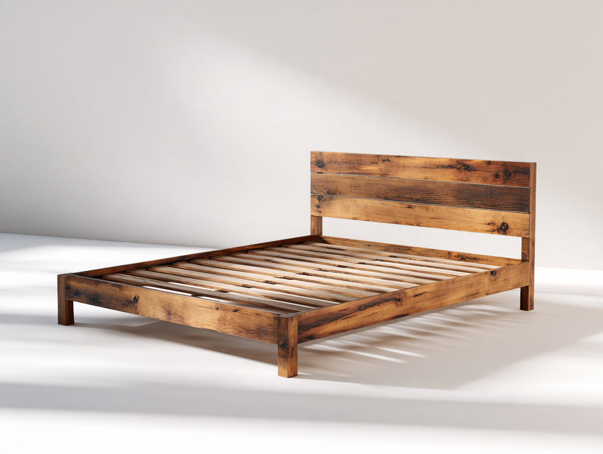 Cama doble de madera 215 x 168 x 100 cm - marrón - diseño rústico con somier de láminas